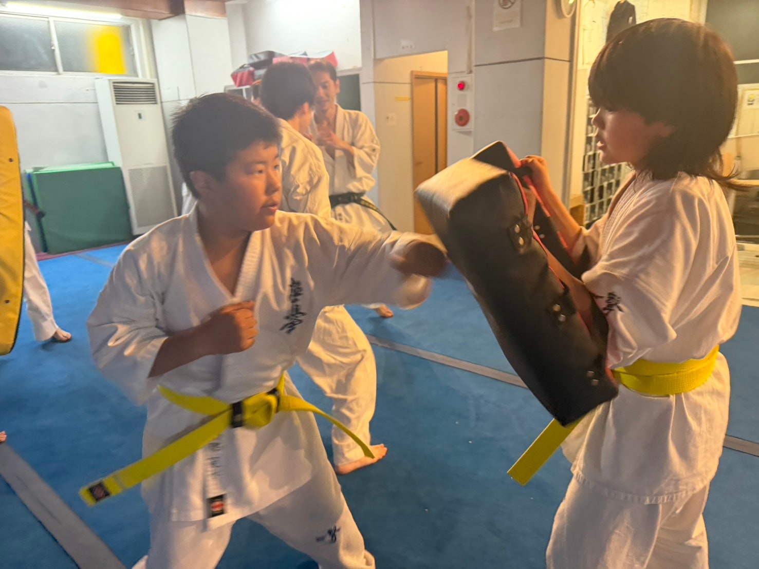 ミットへの正拳突きを打ち込む道場生