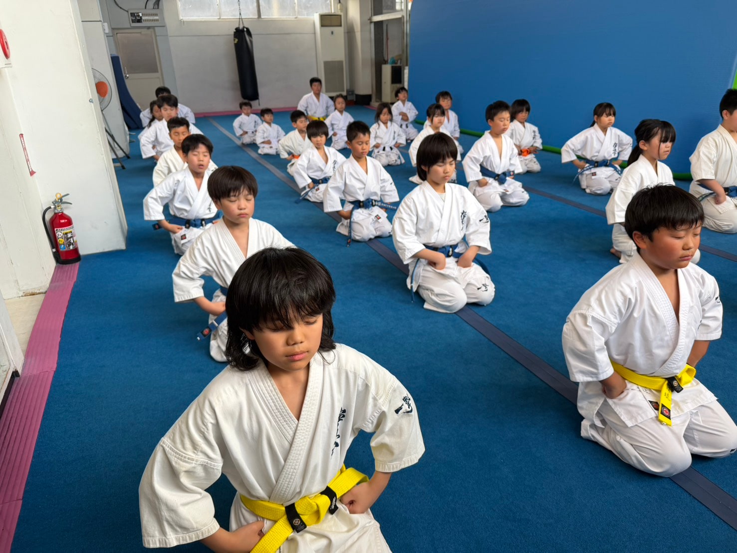 正座・黙想で稽古の始まりを整える幼年・少年クラスの生徒たち