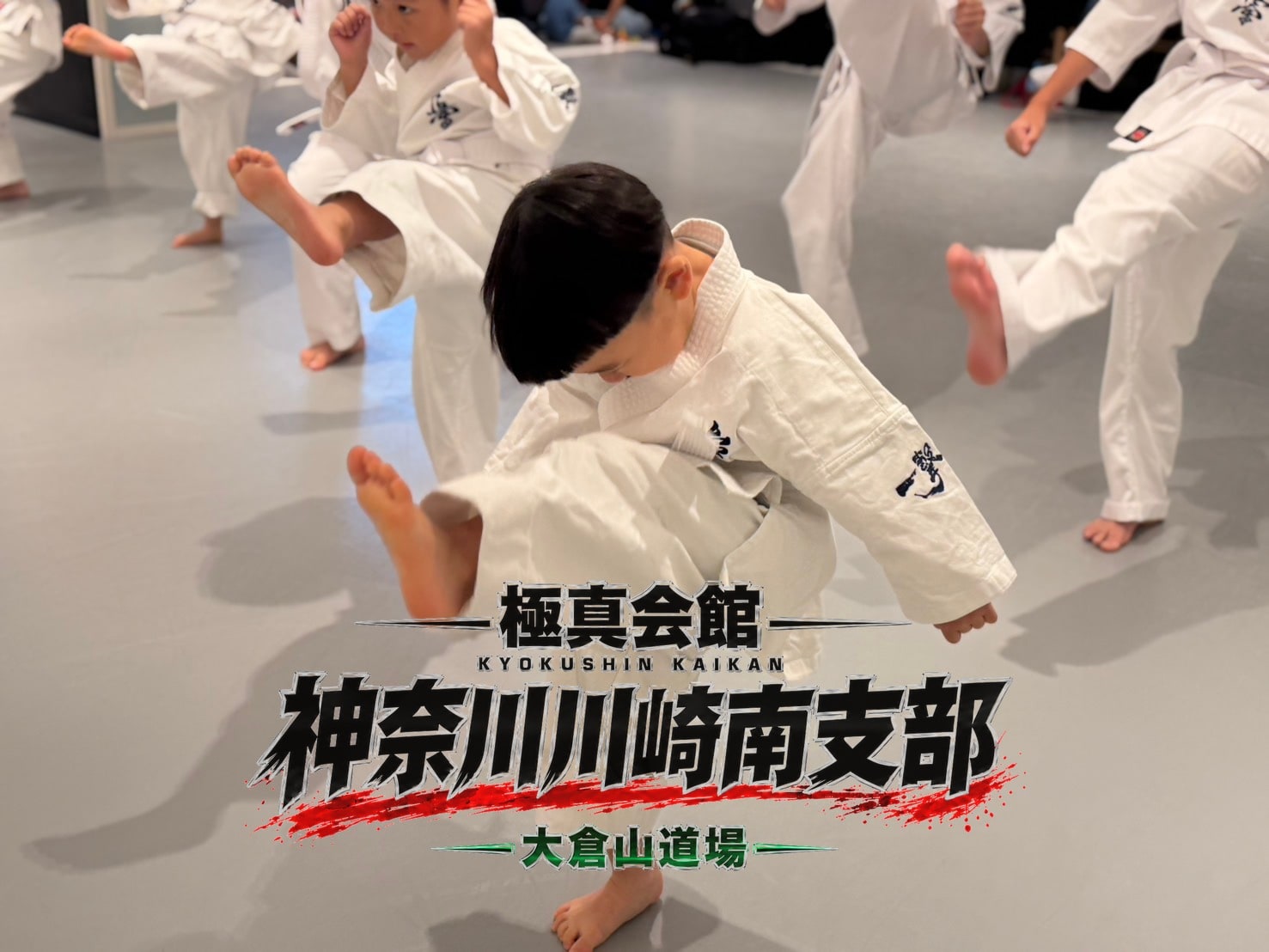 鏡に向かって整列し、全員が同じ方向を向いて突きの移動稽古をしている