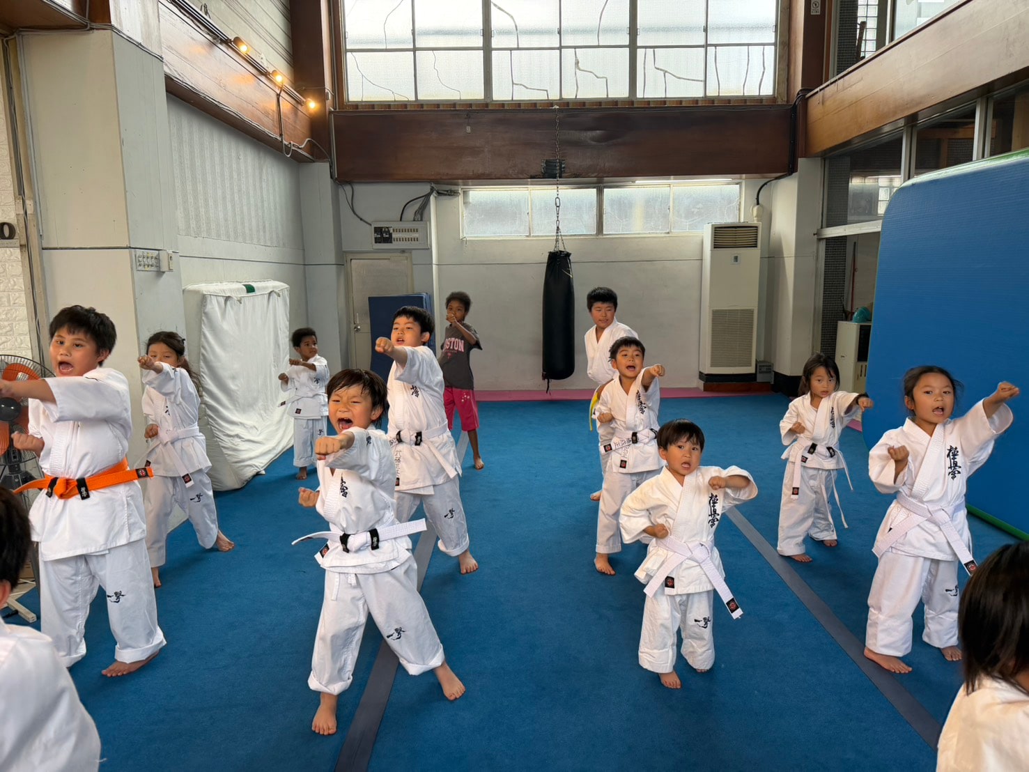 少年部の生徒が蹴り稽古に取り組む様子