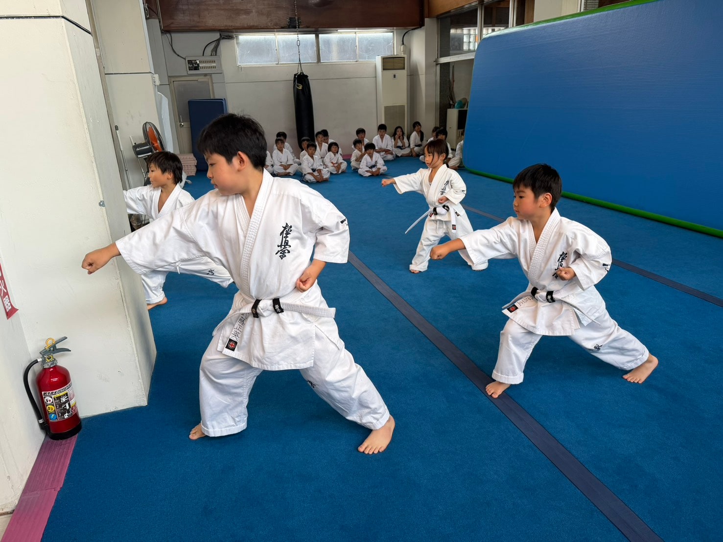 横一列で蹴りを行う御幸道場の子どもたち