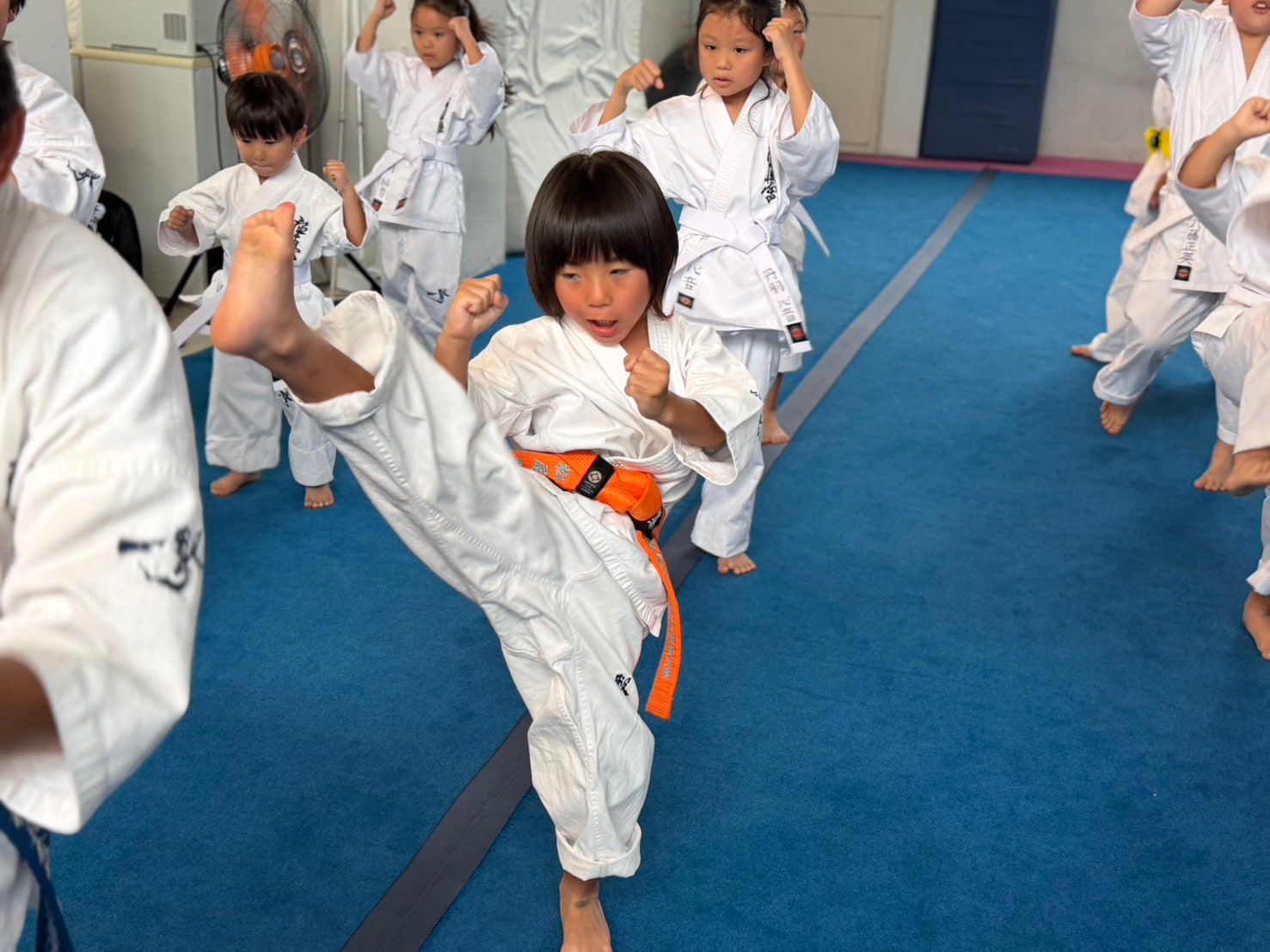 子どもたちが移動稽古で蹴りを行っている様子