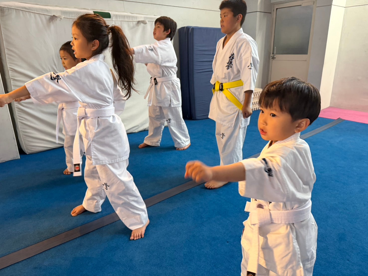 青帯の子どもたちが突きの稽古をしている様子