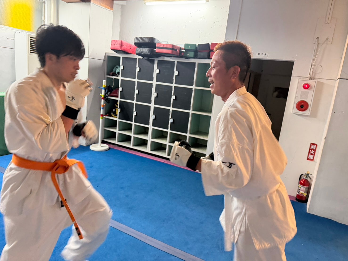 ミット受けの道場生と打ち手の道場生が向き合う稽古