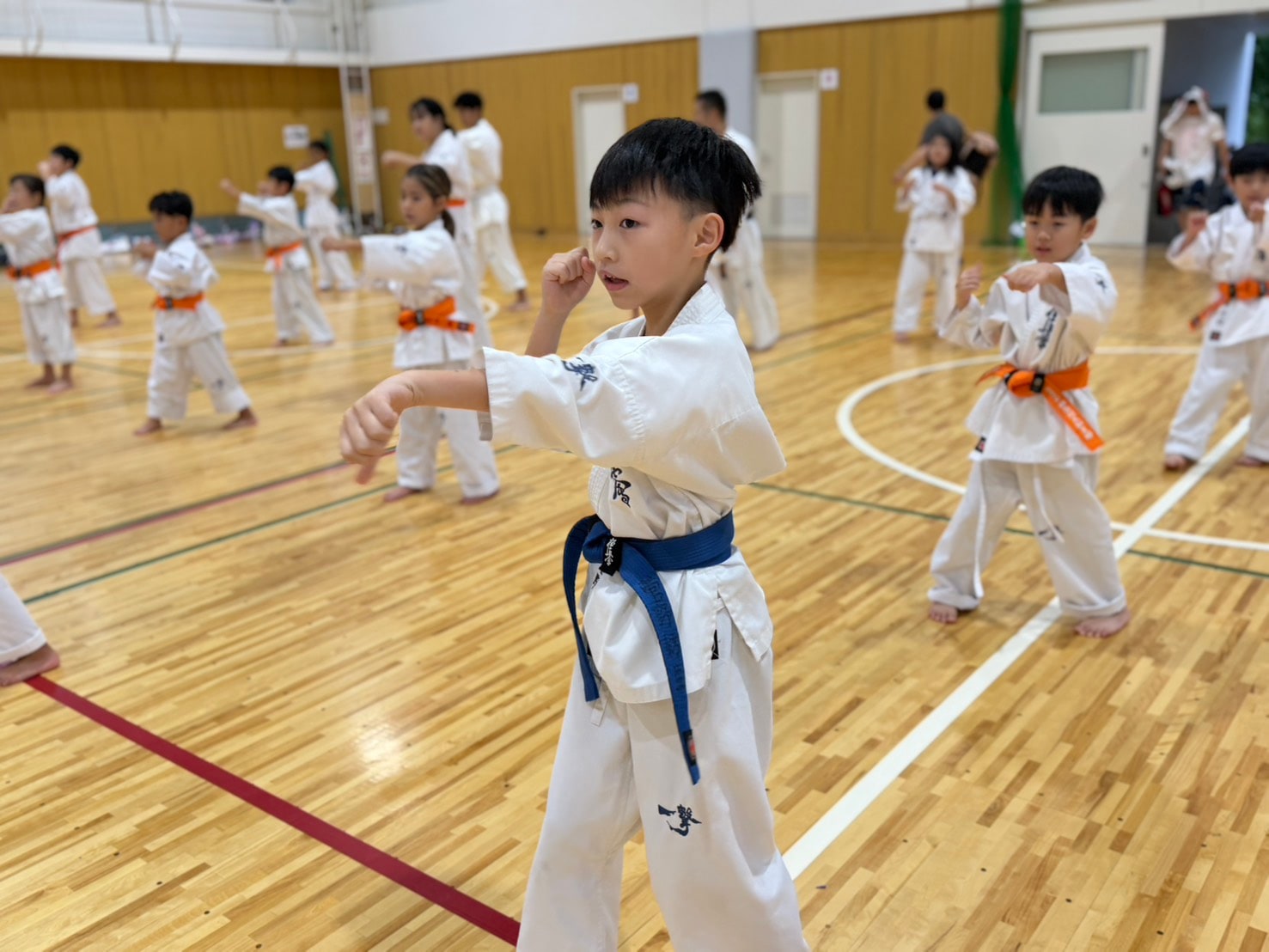 合宿2日目朝稽古 青帯の小さな道場生が構える